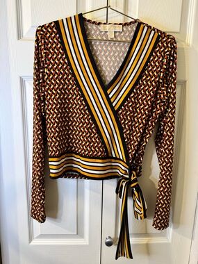 Michael Kors Multicolor Geometric Faux Wrap Blouse with Mustard and Black Trim